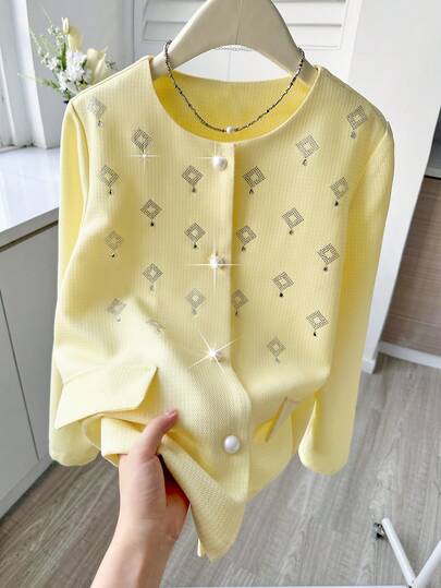 Elenzga Women's Winter Jacket, Comfortable Women's Autumn/Winter Clothing Elegant Outerwear, Spring/Autumn Long Sleeve Elegant Sparkling Rhinestone Jacket, Single-Piece Woven Textured Striped Texture Collarless 3D Applique Element Shiny Pearl Button Top