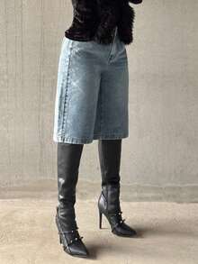 Jeanoix Women's Y2K Rhinestone Embellished Straight Leg Cropped Jeans - Medium Wash - View 8