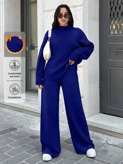 SHEIN Tall 2pcs Women Casual Solid Color Long Sleeve Top And Wide Leg Pants Co-Ord Set