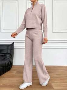 EURMUSE 2pcs Women Autumn/Winter Casual Solid Color Knitted Sweater & Pants Set - Dusty Pink - View 3
