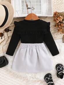 SHEIN Baby Girl Solid Color Round Neck Long Sleeve Ruffle Hem T-Shirt And Bow Decor Skirt Set - Multicolor - View 2