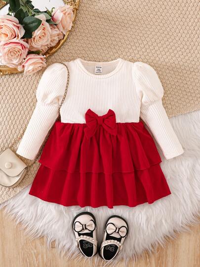 Souflis Souflis Toddler Girls' Fashion Casual Bow Decor Color Block Dress, Suitable For Spring, Autumn, Winter, Home, Outdoor, Back To School, Holiday Party, Daily Wear