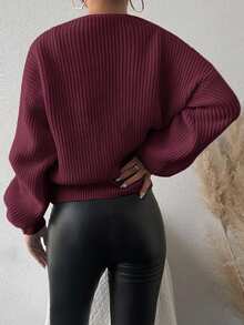 EURMUSE V-Neck Long Lantern Sleeve Casual Knit Cardigan With Front Buttons - Burgundy - View 2
