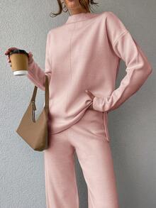 SHEIN Cottnline Solid Color Half-Turtleneck Drop Shoulder Sleeves Casual Sweater 2pcs/Set - Pink - View 5