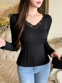 DAZY Women's Black Lace Patchwork Long Sleeve T-Shirt, Autumn/Winter - Black - View 3