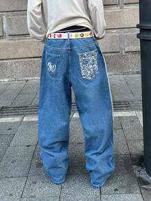 PAVTROS 男士休闲时尚街头卡通字母印花宽松阔腿牛仔裤，不含腰带 - 淺色水洗藍 - 查看 2