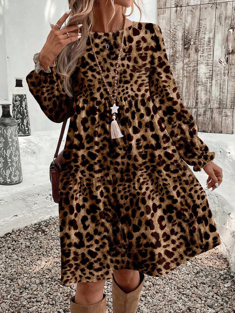 EMERY ROSE Casual Leopard Print Round Neck Long Sleeve Elegant Women's Mid-Length Dress,Brown,Autumn,Boho,Vacation Cheetah Animal Print Plus Size Winter Outfits - Brown - View 1