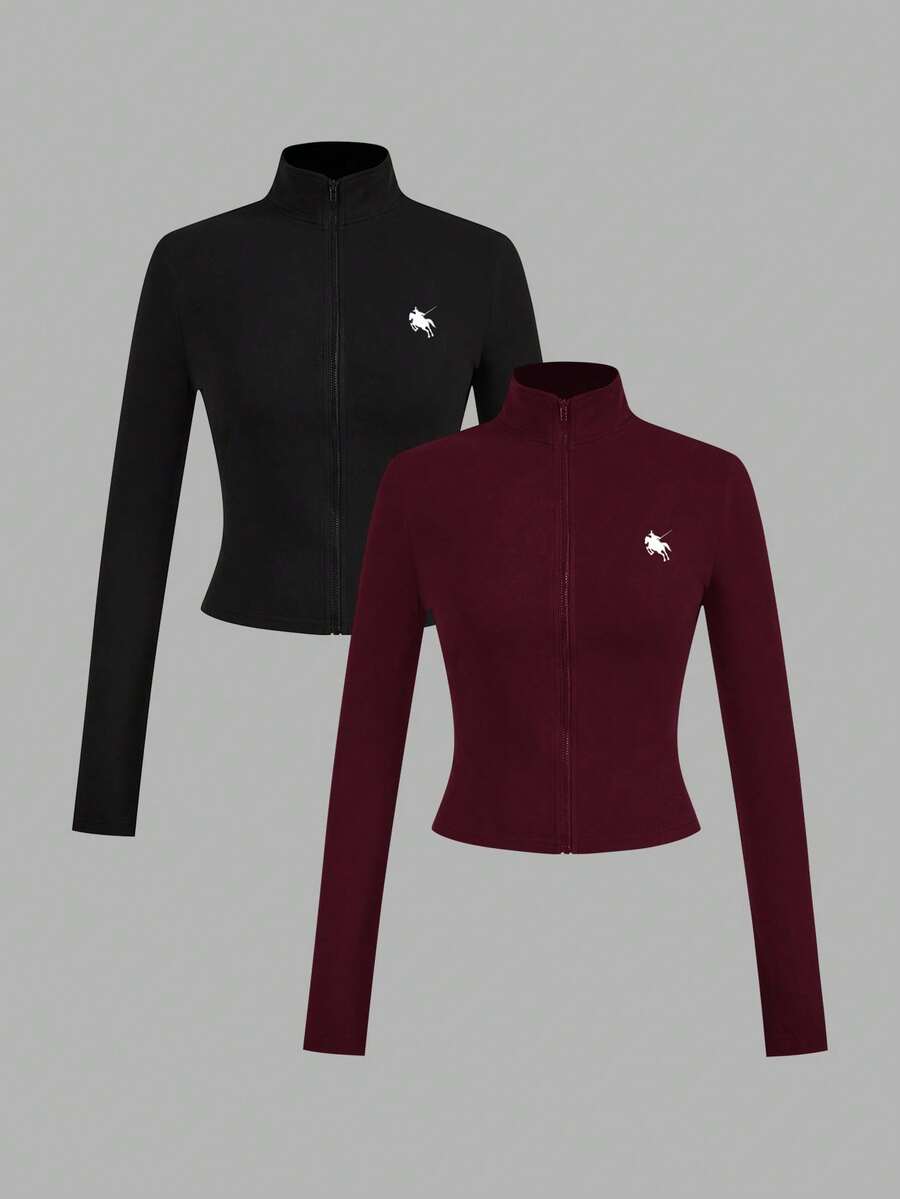 SHEIN EZwear 2 件白色和黑色针织拉链长袖 T 恤,印有小马标志,适合秋冬季分层、休闲和运动,返校 - 彩色 - 查看 1