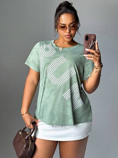 Rhythm Era Plus Size Women Summer Striped Letter Print Loose Fit Sports T-Shirt