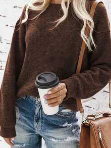 INAWLY Sudadera de cuello redondo de manga larga minimalista y de moda con efecto de punto falso para mujer