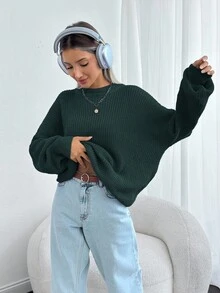 SHEIN Cottnline Women Solid Color Round Neck Drop Shoulder Chunky Pullover - Green - View 4