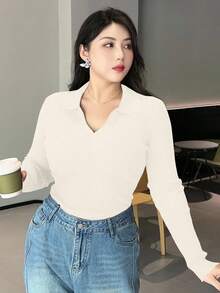 Dazy Plus Solid Color V-Neck Elastic Fitted Long Sleeve Burgundy Pullover Sweater - Beige - View 5
