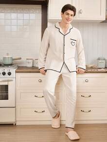 CoupledUp 心形刺绣撞色滚边泡泡褶皱男士长袖上衣和裤子睡衣套装，冬季服装 - 白色 - 查看 5