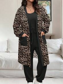 Vionelle 大码女式优雅豹纹长袖上衣和无袖连体裤两件套，秋冬 - 彩色 - 查看 8