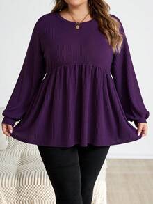 SHEIN CURVE+ 女式加大码宽松休闲圆领 T 恤，纯色 - 紫色 - 查看 7