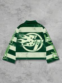 ROMWE MEN Street Life 男士条纹 Polo 领长袖 T 恤，休闲 Polo 衫 - 綠色 - 查看 2