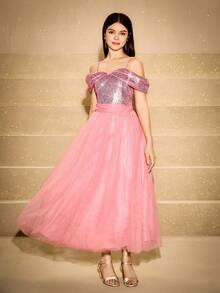 Vestido elegante con hombros descubiertos y lentejuelas para adolescentes, adecuado para bailes de graduación, actuaciones, banquetes, recepciones, exposiciones de arte y eventos de moda - Rosa - Ver 5