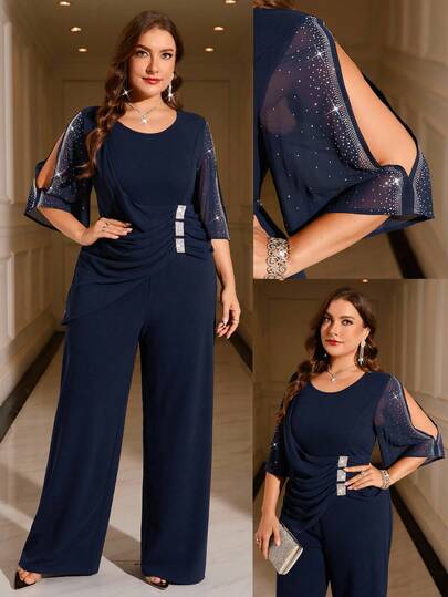 Reflora Plus Size Elegant Blue Rhinestone Embellished Jumpsuit, Suitable For Autumn/Winter Party Plus Size Formal Jumpsuit Navy Blue Jumpsuit Women Mesh Jumpsuit,Elegant Dresses For Women , Elegant Dress For Women,Elegant Dresses For Party, Elegant Dresses For Ladies,Elegant Evening Dresses,Party Outfit ,Halloween Costumes,Christmas Women's Clothing,New Year Outfit,Thanksgiving,Dress For Wedding Guest,Sequin Top