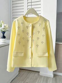 Elenzga 女士冬季夹克，舒适女士秋冬服装优雅外套，春秋长袖优雅闪亮水钻夹克，单件编织纹理条纹纹理无领 3D 贴花元素闪亮珍珠纽扣上衣 - 淡黃色 - 查看 3