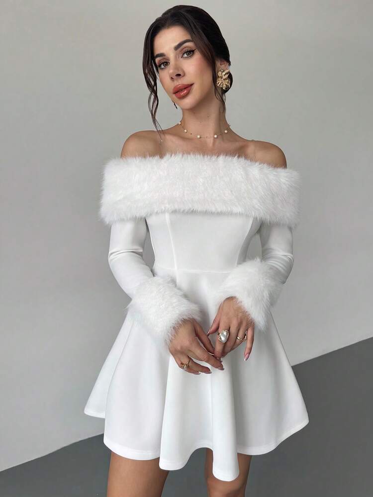 Firerie Women's Elegant Fur Collar Splicing Off-The-Shoulder Mini Dress, White Dress, Festival Dress/Umbrella Skirt/Elegant Dresses For Party/Thanksgiving Outfits For Women/ New Year Dress/Winter Dresses For Women/Fall Clothes/White Dress New Year/Party Dress/Cozy Fall And Winter Clothes For Women/Christmas Dress,Dresses For Women Elegant - White - View 4