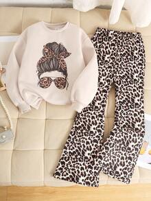 SHEIN 2pcs/Set Tween Girls Casual Loose Comfortable Cartoon Graphic Crew Neck Sweatshirt And Pants Set - Beige - View 5