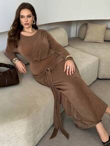 Modelyn 大码女式优雅秋冬针织褶饰修身长款休闲连衣裙 - 駝色 - 查看 1