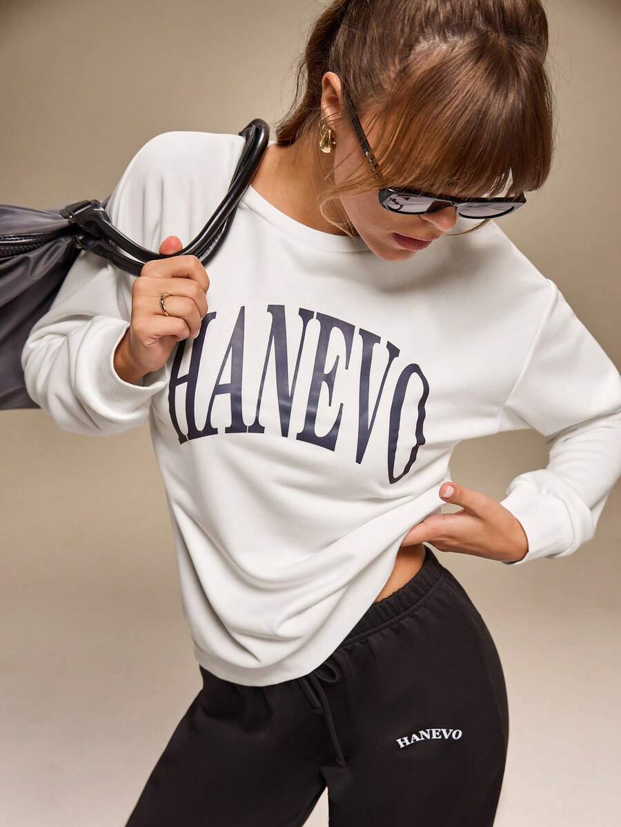 女士流行 Hanevo 休闲徽标运动衫，秋冬 - 白色 - 查看 1