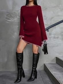 EURMUSE Women Color Block Sweater Dress With Striped Edges - Burgundy - View 2