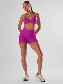 Musera Sport Solid Ruched Bust Open Back Halter Sports Bra, Active Comfy Workout Gym Running Run Club Gym Yoga Pilates Fitness Daily Casual - Red Violet - View 3