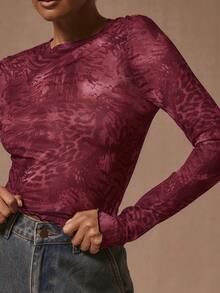 MUSERA 性感动物纹印花长袖上衣，适合度假、伊比沙岛假日、节日、夜生活、外出等场合，冬季优雅百搭，也适合情人节、春夏穿着。 - 酒紅色 - 查看 5