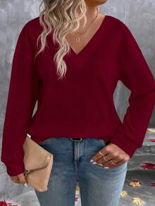 EMERY ROSE Autumn/Winter New Fashion Casual V-Neck Long Sleeve Burgundy Waffle Texture Fabric Plus Size T-Shirt - Burgundy - View 6