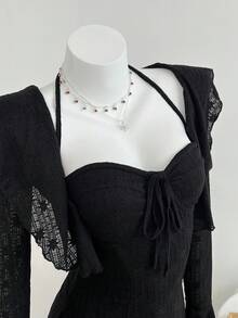 Elamini 2pcs Women's Autumn/Winter Fashion Lace Trim Camisole Top And Lace Neck Tie Waist A-Line Mini Dress Set - Black - View 4