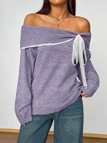 SHEIN Unity 女式露肩休闲可爱撞色蕾丝短款毛衣 - 紫色 - 查看 3