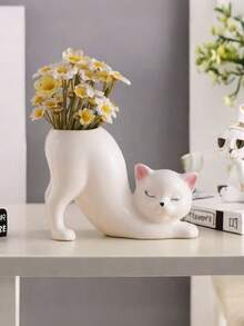 1 件独特无尾猫小花盆，可爱小猫多肉室内花盆，动物家居装饰花盆架，新奇陶瓷盆景花盆理想礼物，可爱的办公桌房间家居装饰 - 彩色 - 查看 1