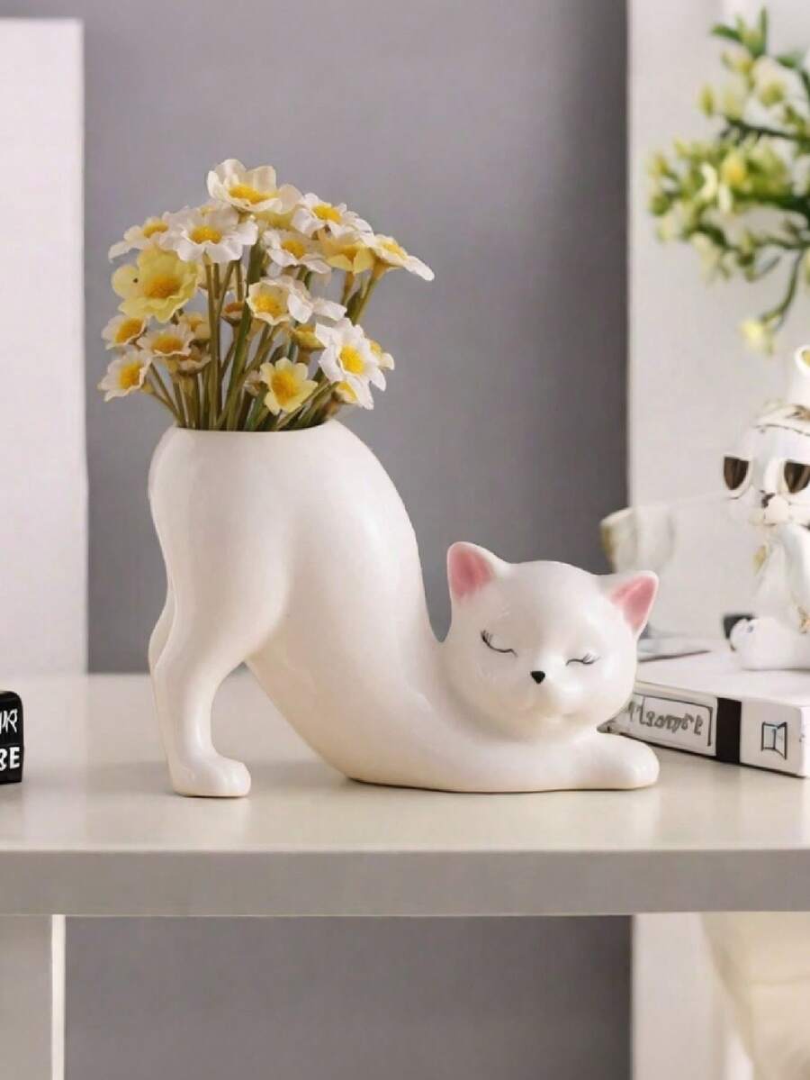 1 件独特无尾猫小花盆,可爱小猫多肉室内花盆,动物家居装饰花盆架,新奇陶瓷盆景花盆理想礼物,可爱的办公桌房间家居装饰 - 彩色 - 查看 1