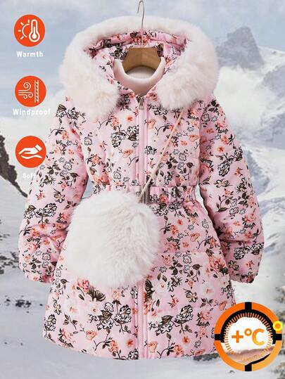 SHEIN Girls' Casual Fashionable Pink Cute Printed Fur Collar Cinched Waist Mid-Length Padded Coat