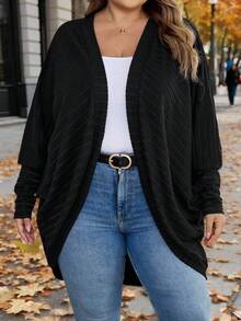SHEIN CURVE+ Áo len cardigan dệt kim gân dáng rộng cỡ lớn, quần áo thu đông cho nữ - màu đen - Xem 3