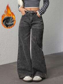 Jeanoix 秋冬休闲水洗保暖内衬阔腿牛仔裤 - 深灰色 - 查看 4