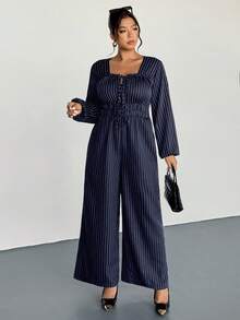 Firerie Plus Size Casual Striped Wide Leg Jumpsuit - Navy Blue - View 8