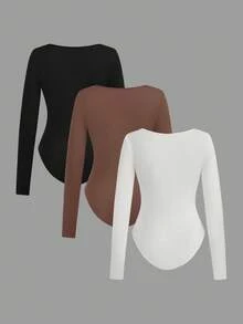 SHEIN EZwear 3 件套女士休闲紧身衣套装，方领，紧身，长袖，适合秋冬季，95% 纯棉 - 彩色 - 查看 2