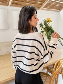 SHEIN Frenchy Black White V Neck Striped Pattern Drop Shoulder Sweater,Long Sleeve Tops,Knitted Sweater In Fall/Winter Casual - Black and White - View 2