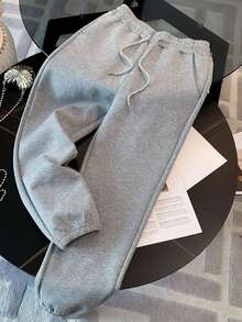 SHEIN 宽松公主领半拉链插肩袖上衣+斜插袋松紧腰休闲裤 - 灰色 - 查看 3