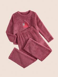 Manfinity Underwear&Sleepwear Basics 女士刺绣抓绒圆领长袖上衣和长裤睡衣套装，冬季，圣诞节