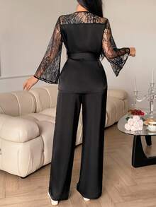 DAZY Damen charmantes Spitzen-Patchwork Wickel-Taille Gürtel Top & gerade Bein Hose Pyjama Set, Herbstkleidung - Schwarz - Übersicht 2