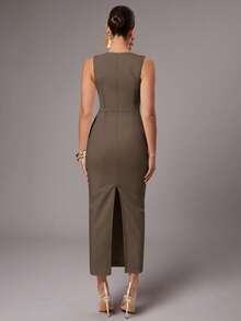 Silquee Women's Elegant Solid Color Asymmetric Collar Sleeveless Dress, Summer