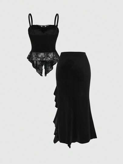 Goth Débardeur en velours contrasté avec dentelle pour Halloween, assorti à une jupe sirène