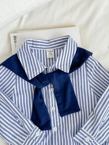 SHEIN 男婴 4 件套蓝白条纹长袖衬衫、皇家蓝披肩、白色裤子和提花腰带，适合秋冬季，适合生日派对、洗礼、一周年纪念、晚会、演出、婚礼等场合