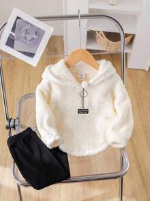 2pcs Baby Girl Cute Fleece Warm Long Sleeve Letter Print Hoodie Sweatshirt And Knit Leggings Set, Autumn/Winter Fall