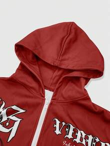 ROMWE MEN Street Life Men's Autumn/Winter Slogan Print Zip-Up Hooded Casual Sweatshirt - Multicolor - View 3