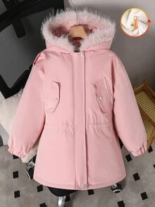 Abrigo acolchado con cuello de piel rosa para niña preadolescente, casual y de moda, adecuado para la escuela y salidas, apropiado para el invierno - Rosa - Ver 2